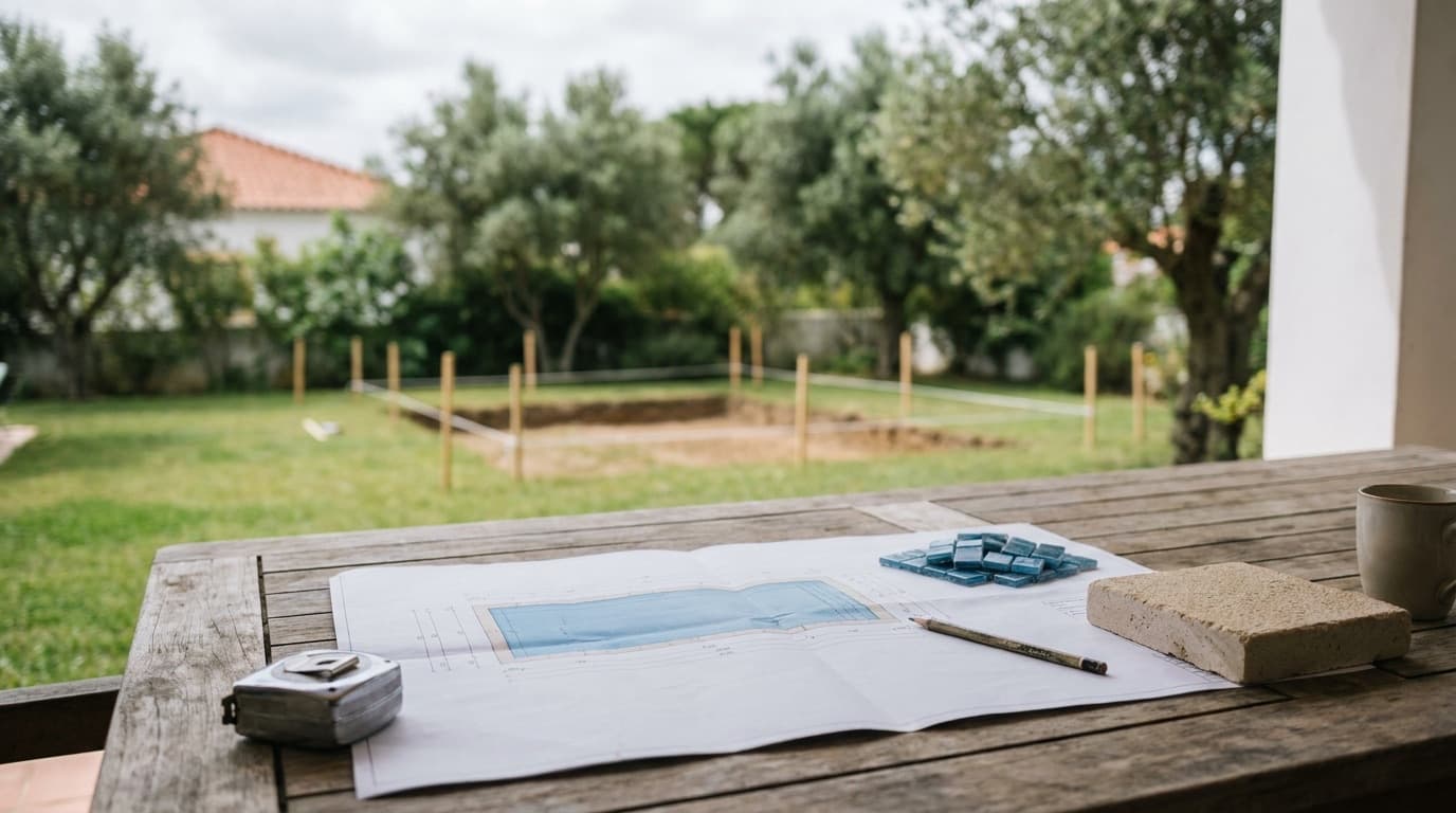 Plantas de uma piscina retangular sobre uma mesa de jardim, com fita métrica, amostras de pastilha e de pedra, e a implantação da piscina marcada no relvado ao fundo
