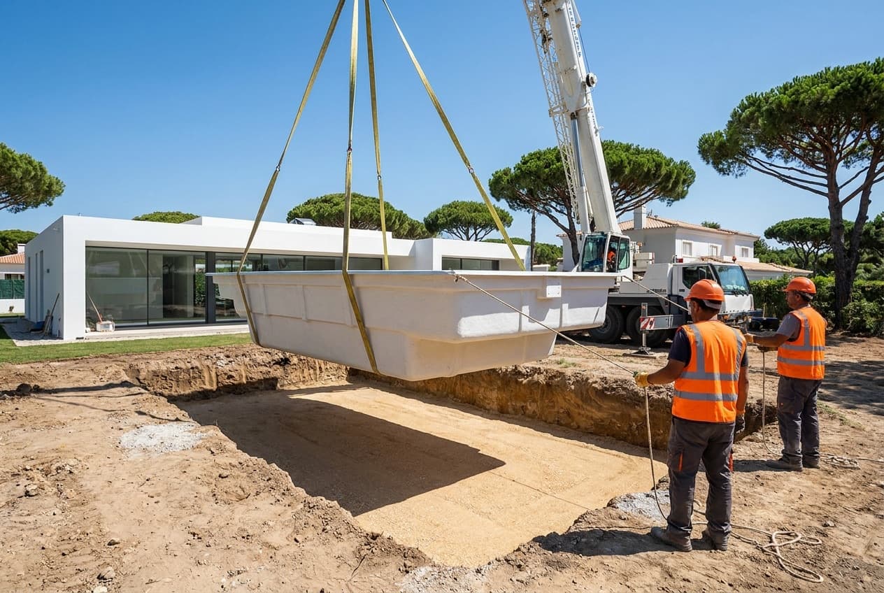 Casco de piscina em fibra de vidro branco a ser descido por uma grua para uma escavação com base de gravilha, no jardim de uma moradia perto de Lisboa