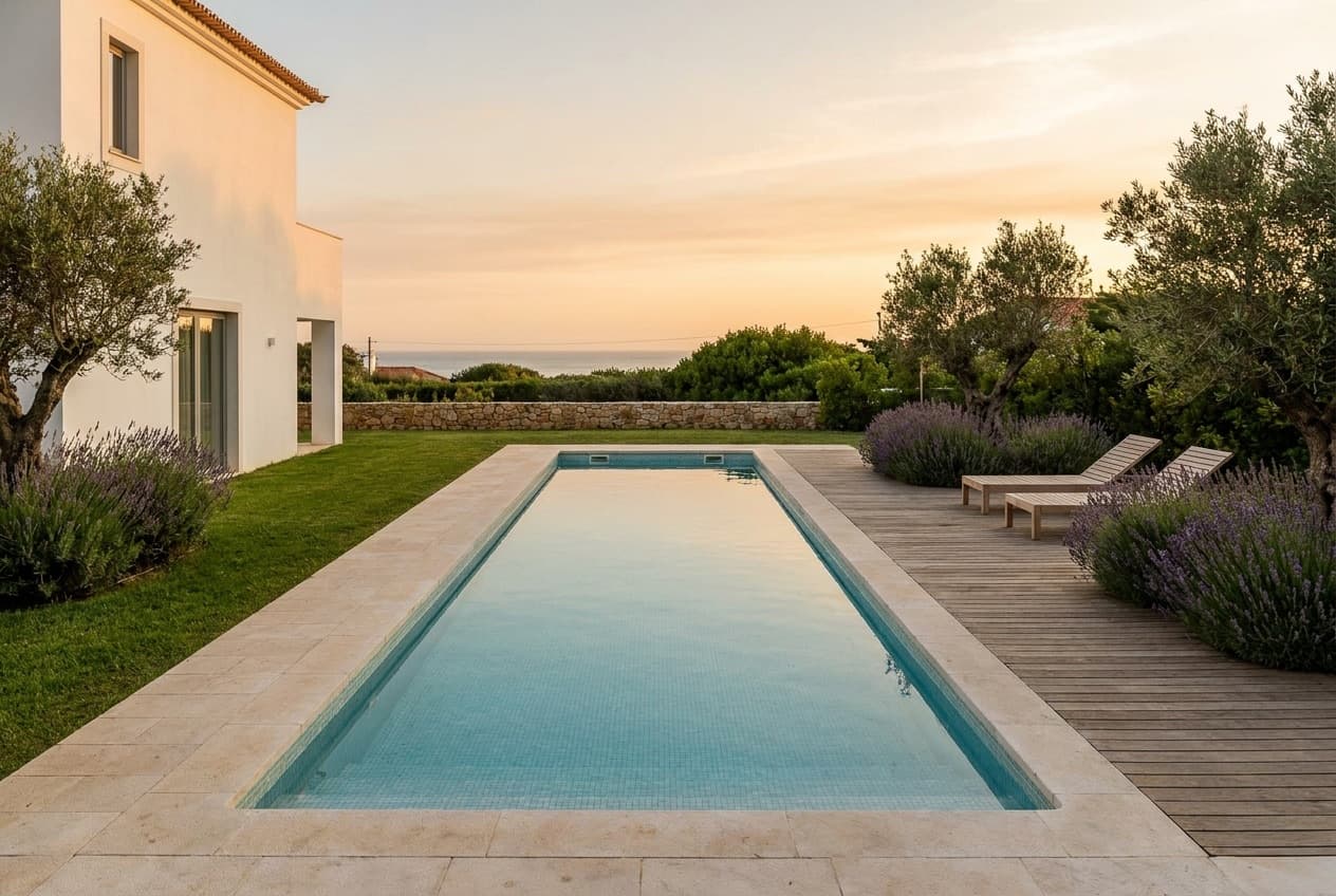 Piscina retangular acabada com bordadura em pedra calcária e mosaico azul claro, num jardim de uma moradia branca em Cascais ao fim da tarde