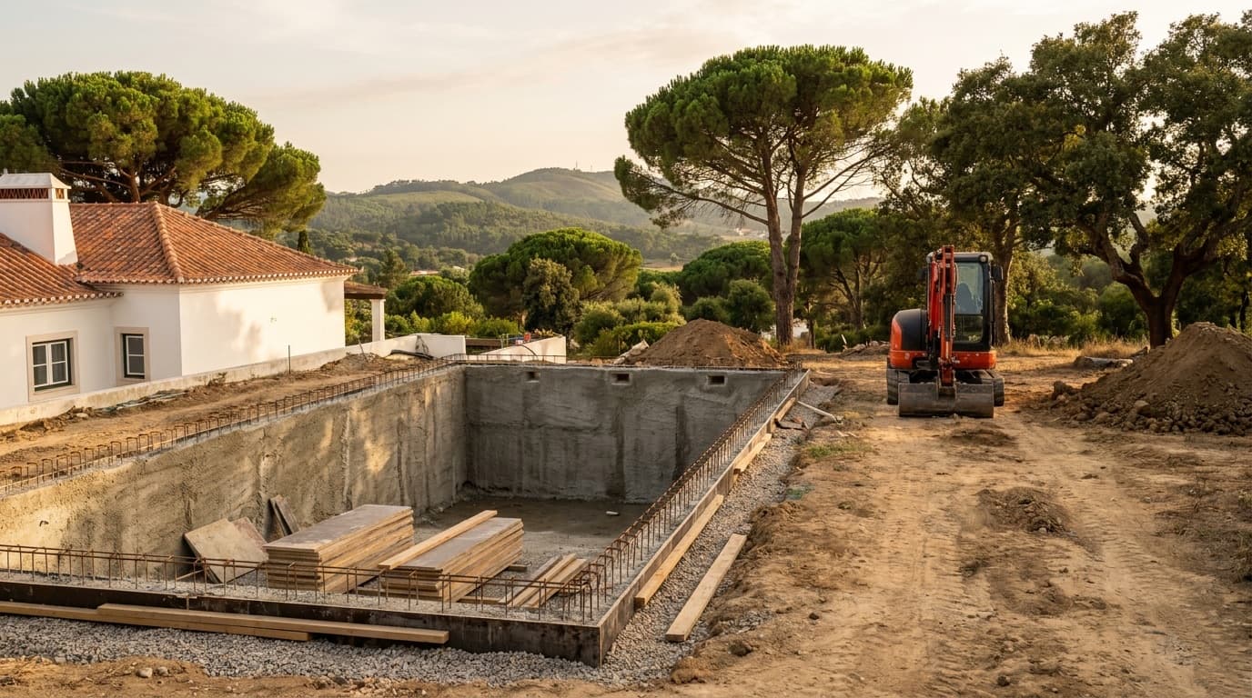 Piscina em construção no jardim de uma moradia perto de Sintra, com paredes em betão projetado, armaduras de aço e uma mini-escavadora