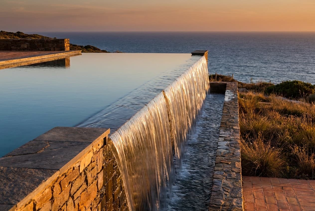 Borda infinita num terraço junto ao mar: a água transborda sobre a borda de pedra, desce pela face exterior do muro e cai numa caleira de recolha mais abaixo, com o Atlântico ao fundo