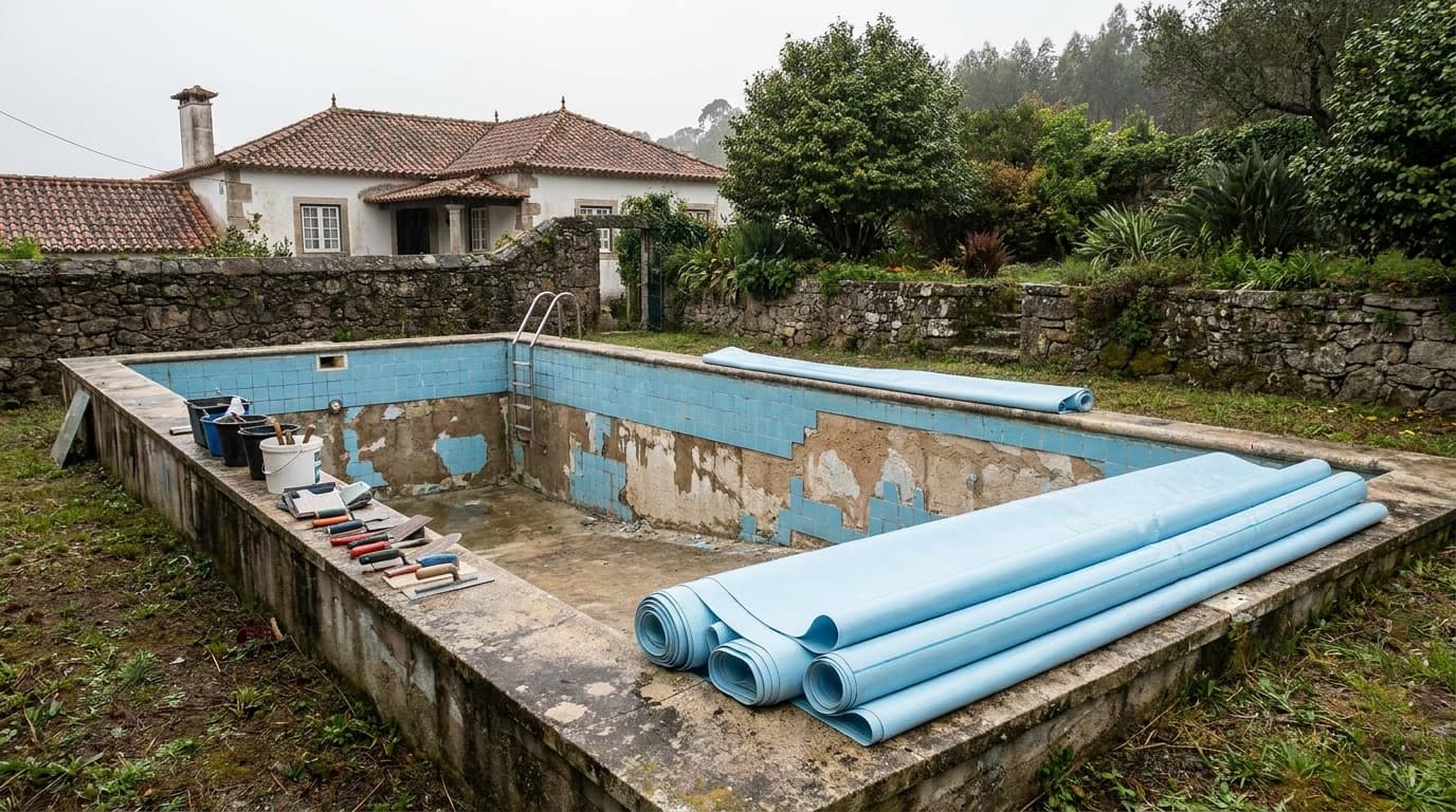 Piscina antiga esvaziada durante uma remodelação, com o revestimento a ser substituído
