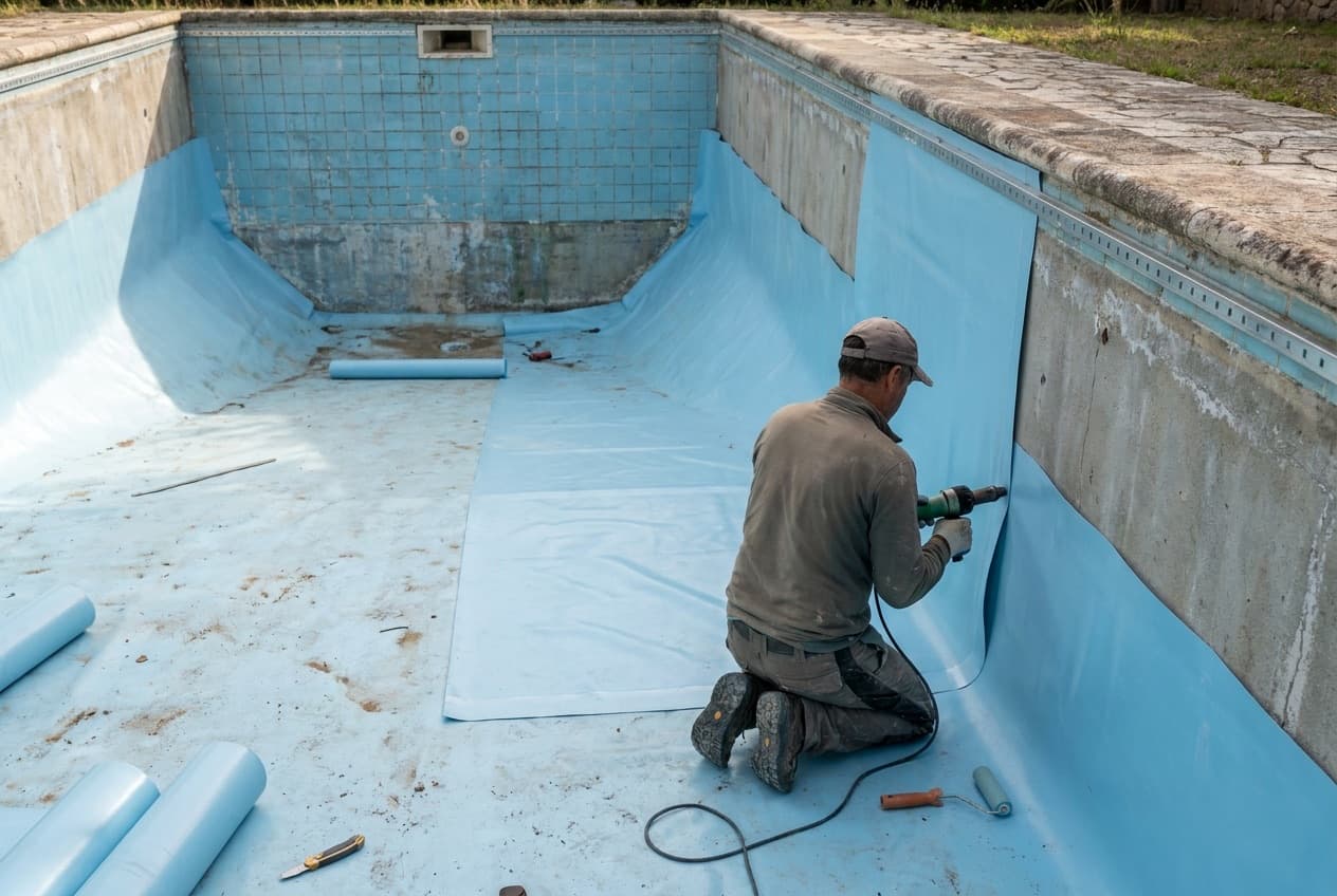 Técnico ajoelhado numa piscina vazia a soldar com ar quente uma emenda de tela armada azul-clara, presa a um perfil por baixo da bordadura, com azulejos antigos ainda visíveis na parede do fundo